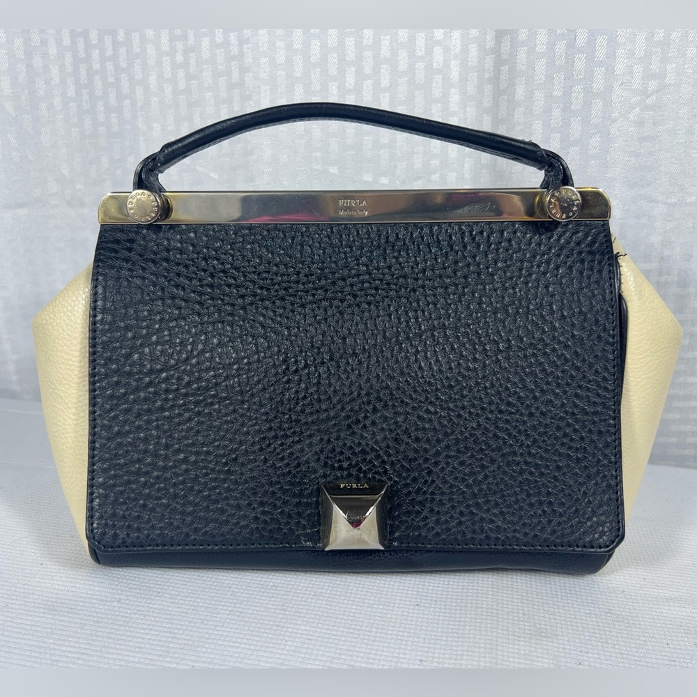 4124: Furla Black Cream Leather Top Handle Satchel Crossbody Italy